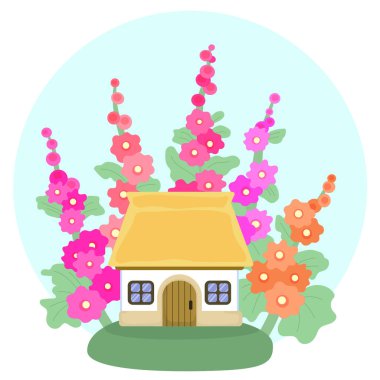 Ukrainian  house and garden of mallow flowers. Ancient build. Traditional symbol of Ukraine. Vector illustration