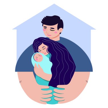 Family hugs. Happy young parents hugging baby at home. Flat style, cartoon characters vector illustration. Health and wellness
