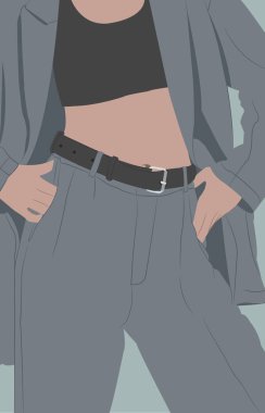 fashion illustration of a woman with blue pants and blazer and a black top