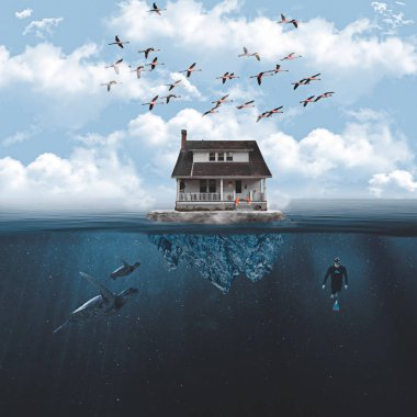 photomontage of a house floating in the sea with a diver and turtles at the bottom of the sea. High quality photo