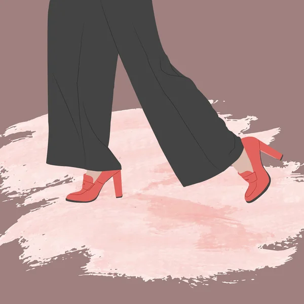 minimalist womens fashion where there are black pants, with red heels and a pink background