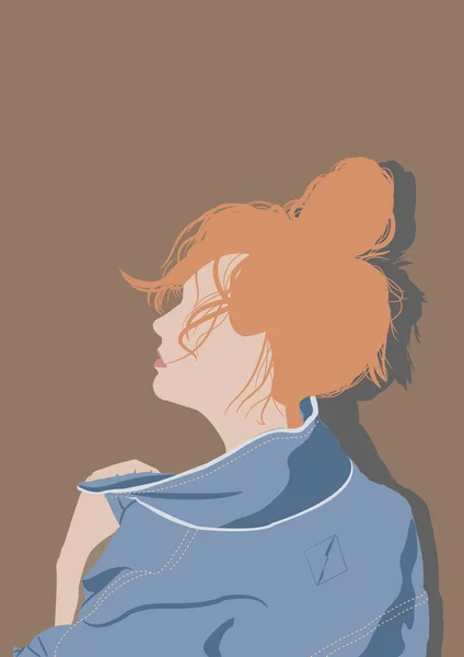 minimalist portrait of a woman with orange hair tied back, a denim jacket and an orange background