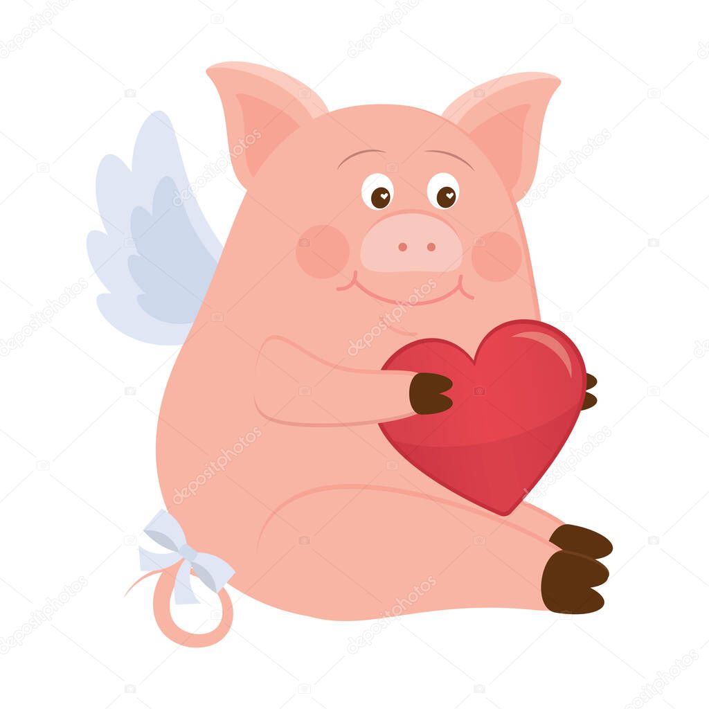 funny smiling pink angel piggy with heart