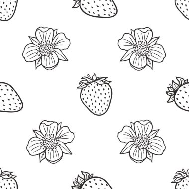 Meyve ve sebze koleksiyonu. Beyaz arka planda çilekli ve çiçekli kusursuz vektör deseni