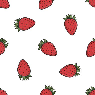 Meyve ve sebze koleksiyonu. Beyaz arkaplanda kırmızı çilek desenli vektör yazları