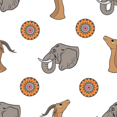 African animals collection. Vector graphic seamless pattern with african animals. Antelope and elephant on a white background
