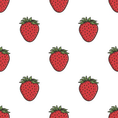 Fruits and vegetable collection. Vector graphic seamless pattern with strawberry plant. Red berries on a white background
