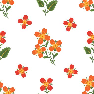 Vector seamless pattern with flowers and leaves in Ukrainian traditional decorative painting folk style. Petrykivka painting on a white background