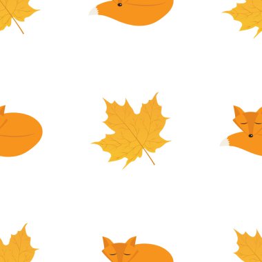 Vector seamless pattern with autumn leaves and cute foxes on a white background
