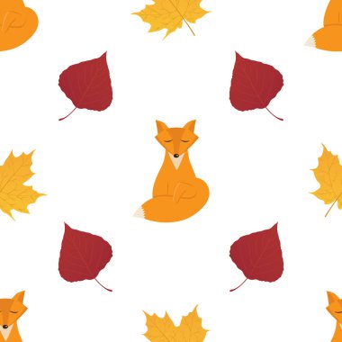 Vector seamless pattern with autumn leaves and cute foxes on a white background