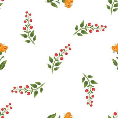 Vector seamless pattern with flowers and plants in Ukrainian traditional decorative painting folk style. Petrykivka painting on a white background