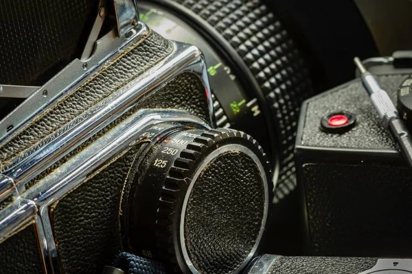 Close up of vintage camera gear