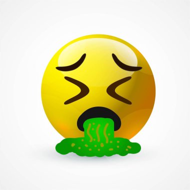vector round yellow cartoon bubble Spew Vomit Vomiting emoticons comment social media Facebook Instagram Whatsapp chat comment reactions, icon template face emoji character message