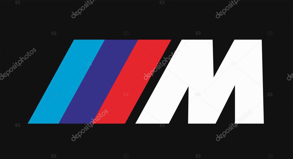 M performance sticker decal symbol sport logo initial icon blue red white black background modern vector template