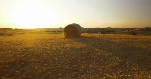Een hooibaal bij zonsondergang. Luchtfoto van het platteland bij zonsondergang in Toscane. — Stockvideo