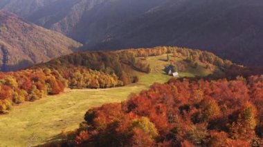 Güzel sonbahar ormanlarının hava manzarası, renkli sonbahar ağaçları, arka planda sıradağlar, dağ vadisindeki sonbahar ağaçları, dağların tepesindeki bulutlar.