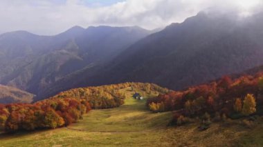 Güzel sonbahar ormanlarının hava manzarası, renkli sonbahar ağaçları, arka planda sıradağlar, dağ vadisindeki sonbahar ağaçları, dağların tepesindeki bulutlar.