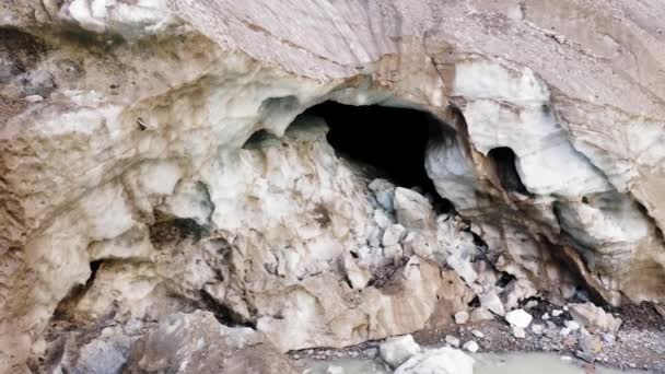 Aerial view of Belvedere mountain glacier. Drone moving to the glacier.Blue, deep and old Ice cave, Alps — Stock Video