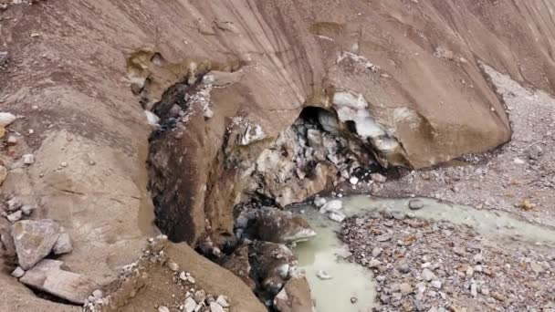 Aerial view of Belvedere mountain glacier. Drone moving to the glacier.Blue, deep and old Ice cave, Alps — Stock Video