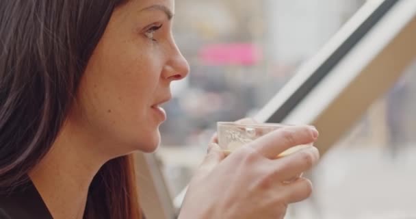 Egy Elégedett Portréja Aki Teát Iszik Egy Bárban Vonzó Hölgy — Stock videók