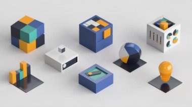 Set of 3d data analysis animated elements loop with alpha channel. Financial business report, pie charts, bar graph, infographics for big data, micro data flow icons. Transparency mask provided.