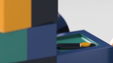 Close-up of 3d cubes,ball.Abstract micro data flow with pie chart, cubes.3d animation of data matrix,management. Data processing and big Data analysis 3d looping animation