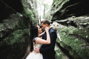 Göz kamaştırıcı mutlu çift birbirine yakın duruyor ve gözlerinin içine bakıyor.