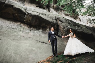 Harika bir gelin damada poz veriyor ve harika manzaralı dağlarda eğleniyor. Mesajlaşacak yer, düğün çifti.