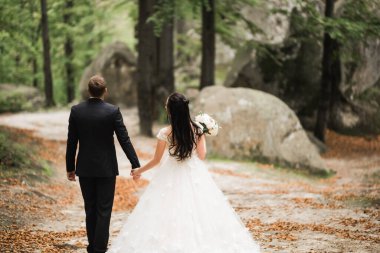 Botanik parkında yürüyen mutlu bir çift.