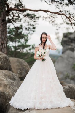 Güzel gelin kaya arka plan yakınındaki dağlarda poz