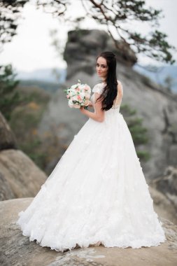 Güzel kadın, mükemmel beyaz elbiseli gelin arka plan dağları