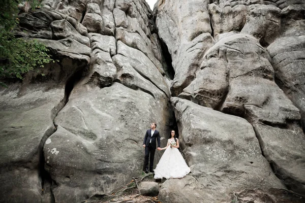 Harika bir gelin damada poz veriyor ve harika manzaralı dağlarda eğleniyor. Mesajlaşacak yer, düğün çifti.