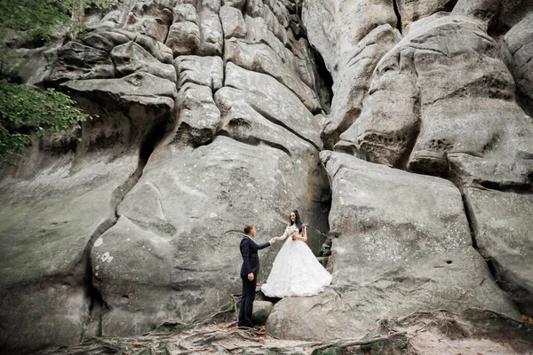 美しい豪華な花嫁は新郎にポーズをとって、素晴らしい景色、テキストのためのスペース、結婚式のカップルで山の近くで楽しんでいます — ストック写真
