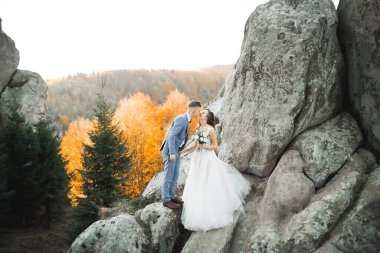 Güzel gelin ve damat evlendikleri gün kucaklaşıp öpüşüyorlar.