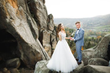 Düğün günü el ele tutuşan çift, damat ve gelin.