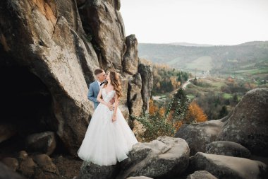 Romantik düğün anı, yeni evli çiftin gülümseyen portresi, gelin ve damadın kucaklaşması