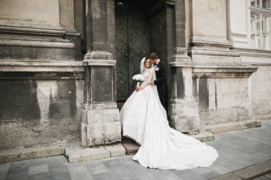 Güzel, mutlu bir düğün çifti, güzel şehirde uzun beyaz elbiseli bir gelin.