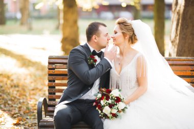 Güzel gelin ve damat düğün günlerinde kucaklaşıp öpüşürler.