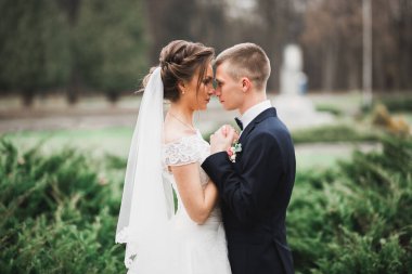 Göz kamaştırıcı mutlu çift birbirine yakın duruyor ve gözlerinin içine bakıyor.