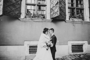 Romantik düğün anı, yeni evli çiftin gülümseyen portresi, gelin ve damadın kucaklaşması