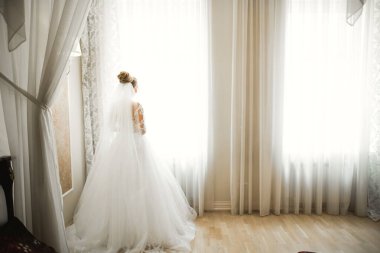 Tüylü, lüks makyaj, saç stili, stüdyo içi fotoğraf çekimi olan güzel bir gelin.