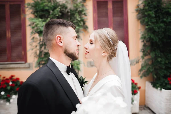 Momento romantico di nozze, coppia di sposi che sorridono ritratto, sposa e sposo che si abbracciano — Foto Stock