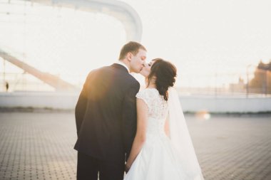 Lüks evli çift, gelin ve damat eski şehirde poz veriyor.