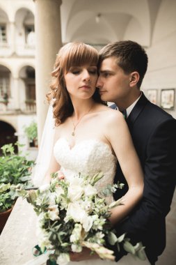 Lüks evli çift, gelin ve damat eski şehirde poz veriyor.