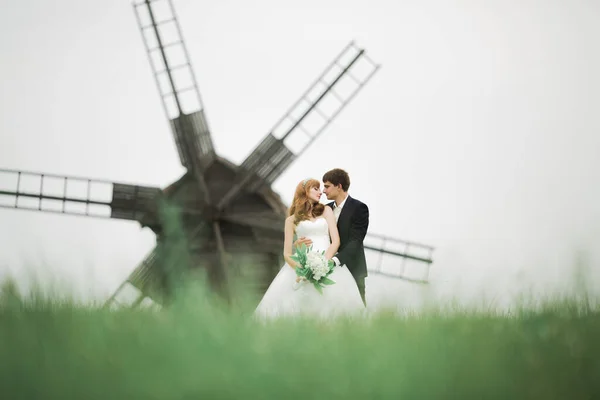 Эмоциональная красивая невеста обнимает молодоженов на поле крупным планом — стоковое фото
