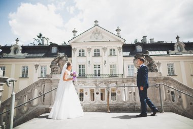 Mükemmel bir çift gelin ve damat düğün günlerinde poz verip öpüşürler.