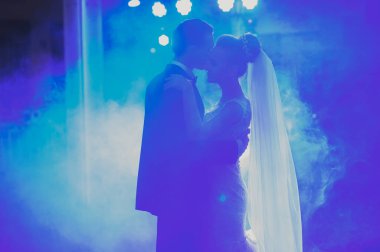 Güzel beyaz bir çift yeni evlendiler ve ilk danslarını ediyorlar.