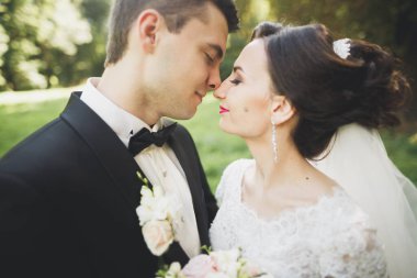 Mutlu düğün çift büyüleyici damat ve mükemmel gelin parkta poz