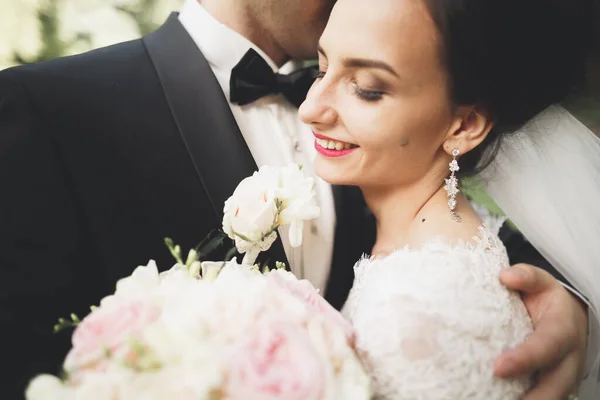 Casal de casamento feliz noivo encantador e noiva perfeita posando no parque — Fotografia de Stock