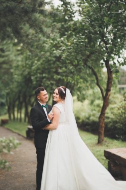 Botanik parkında yürüyen mutlu bir çift.